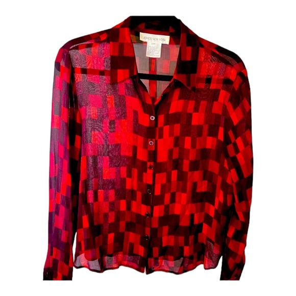 Jones Of New York Red Plaid Checkered Silk Blouse Size 14 - Picture 12 of 12